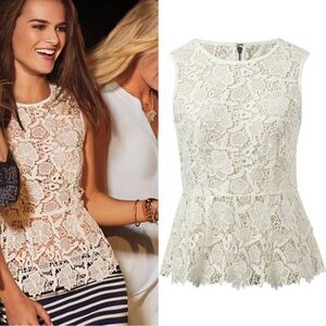 Cabi Womens Style #800 Ivory Crochet Lace Sleeveless Peplum Top Size XS